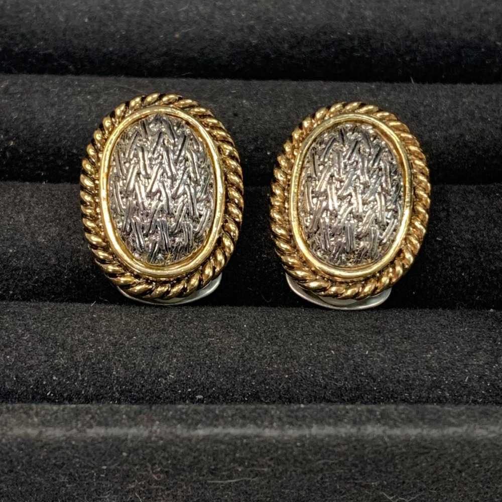 Vintage Two Tone Silver Gold Rope Textured Oval Clip On Earrings